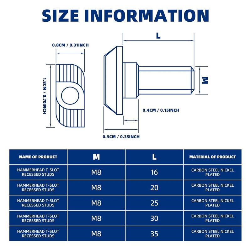 DLBEEM 50Pcs M8x16/20/25/30/35mmThread T-Slot Drop-in Stud Sliding Screw Bolt with Flange Nut Set, Heavy Duty Hammer Head Bolt T Shape Screws for European Standard 40 Series Aluminum Profile - Image 2